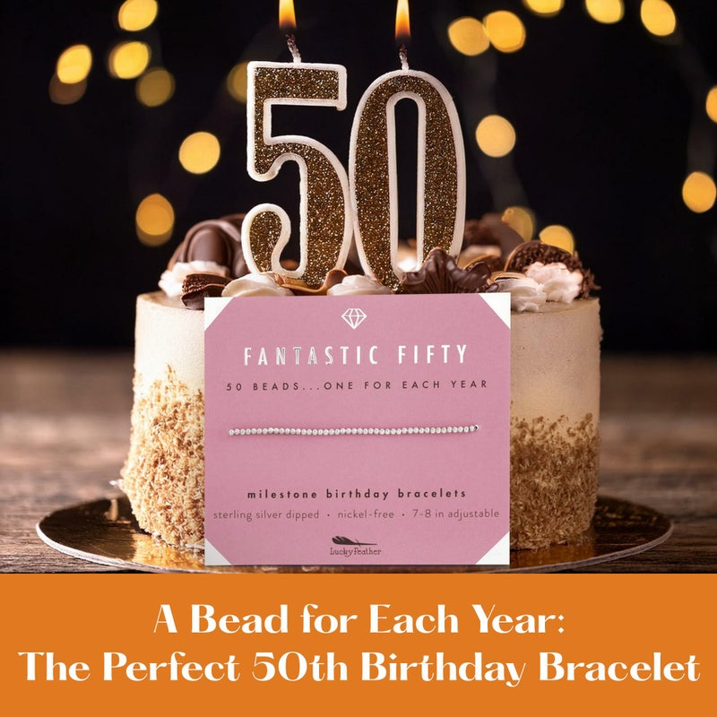 Lucky Feather 50th birthday gifts for her | 50th birthday gifts for women Bracelet | 14K Gold, Rose Gold, or Silver Dipped Beads on Adjustable Cord | Trendy 50 year old gifts for women | With Card - Image 3